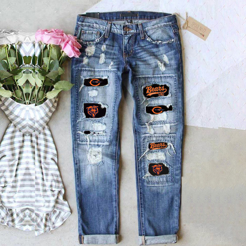 Casual fashion perforated printed jeans-Chicago Bears - fitnfan