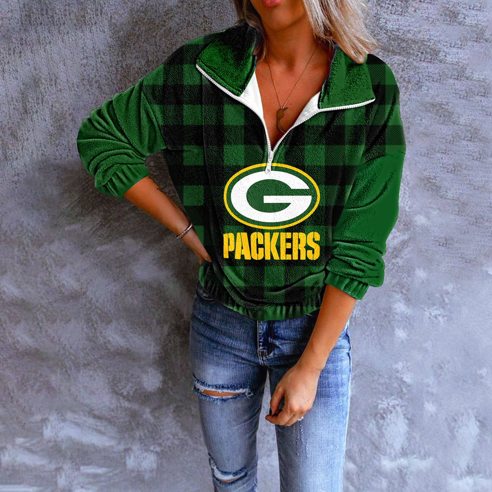 Unisex Plaid Quarter Zip Sweatshirt-Green Bay Packers - fitnfan
