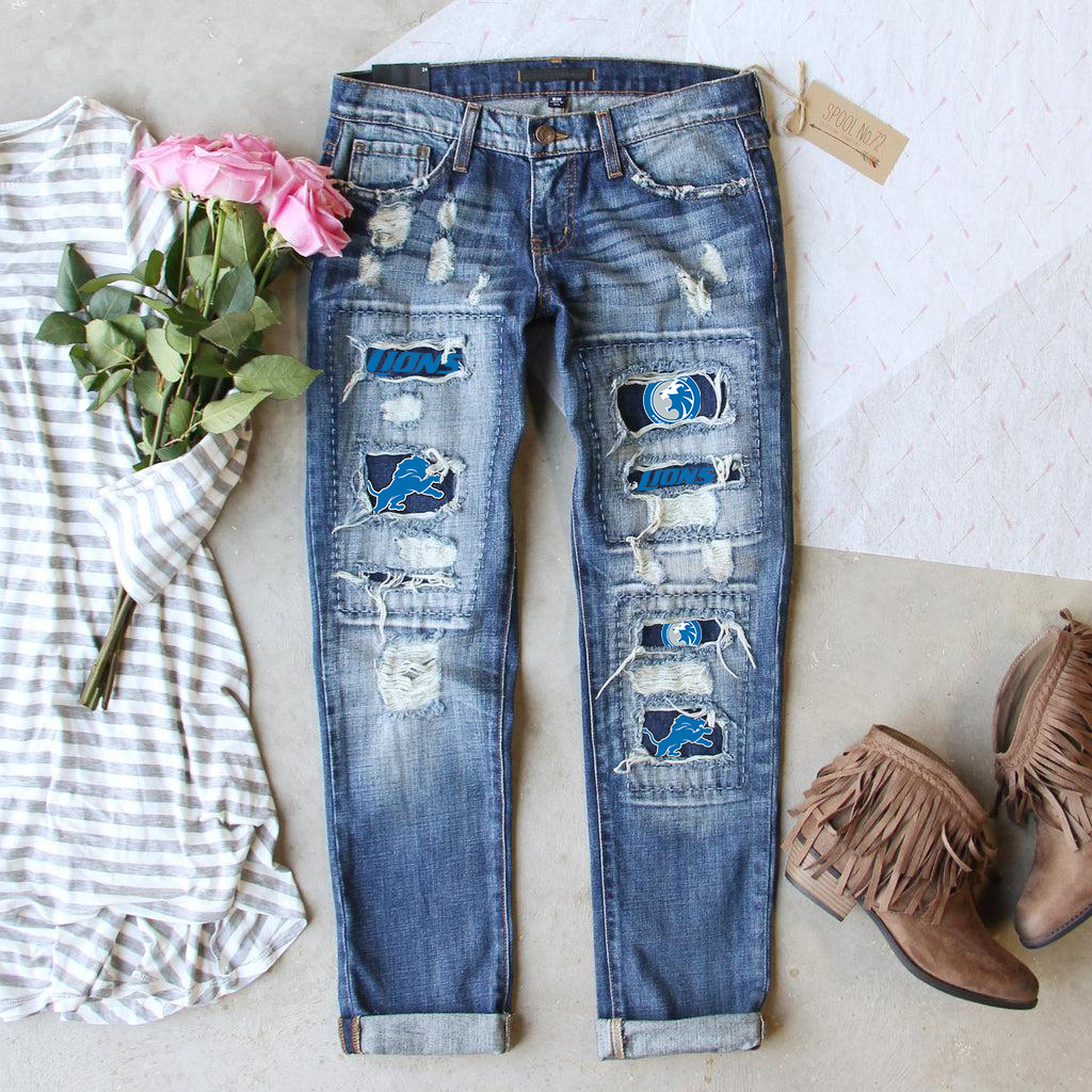 Casual fashion perforated printed jeans-Detroit Lions - fitnfan