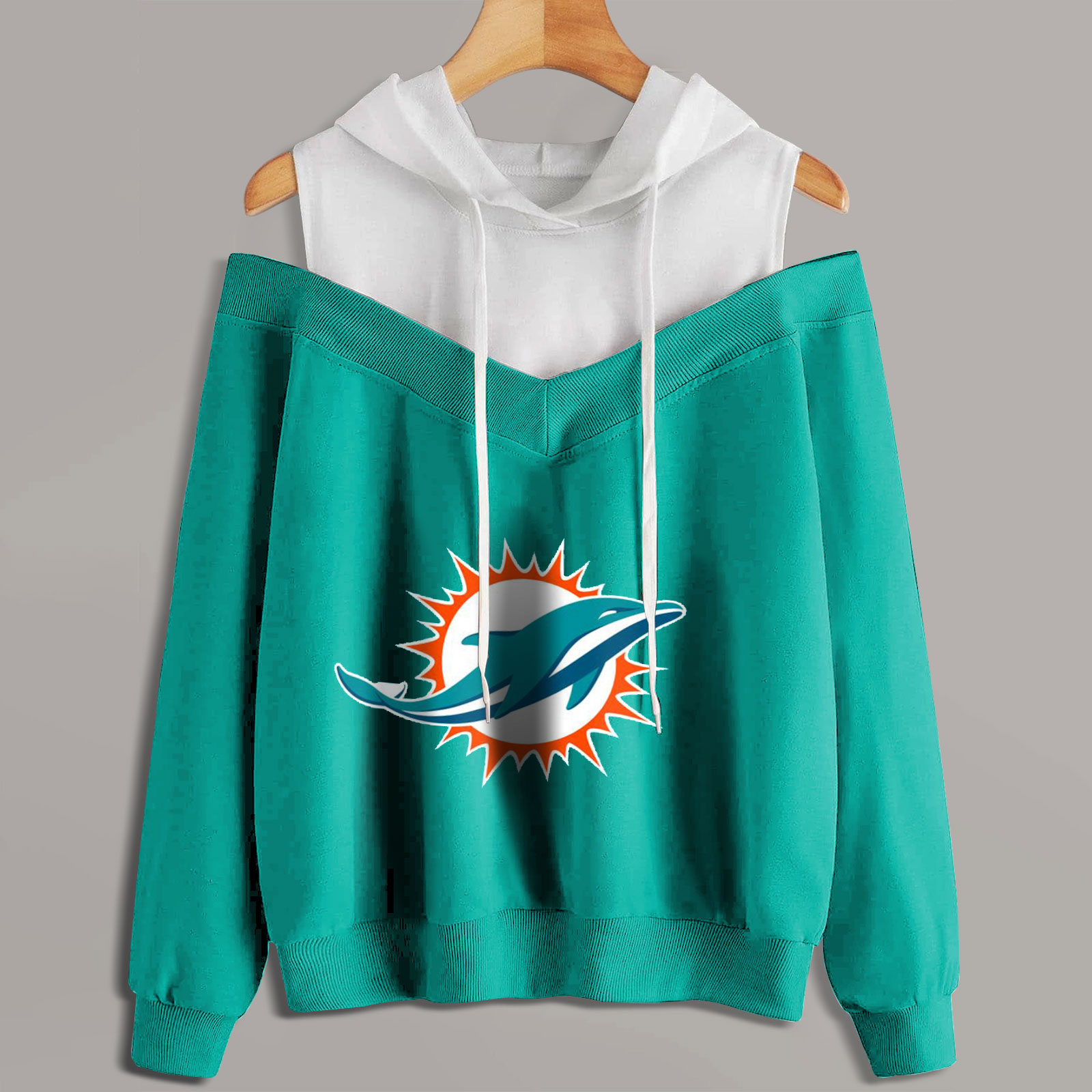 2 In 1 Colorblock Cold Shoulder Hoodie-Miami Dolphins - fitnfan