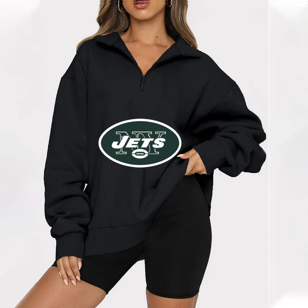 New Ladies Sports Leisure Lapel Zipper Sweatshirt-New York Jets - fitnfan