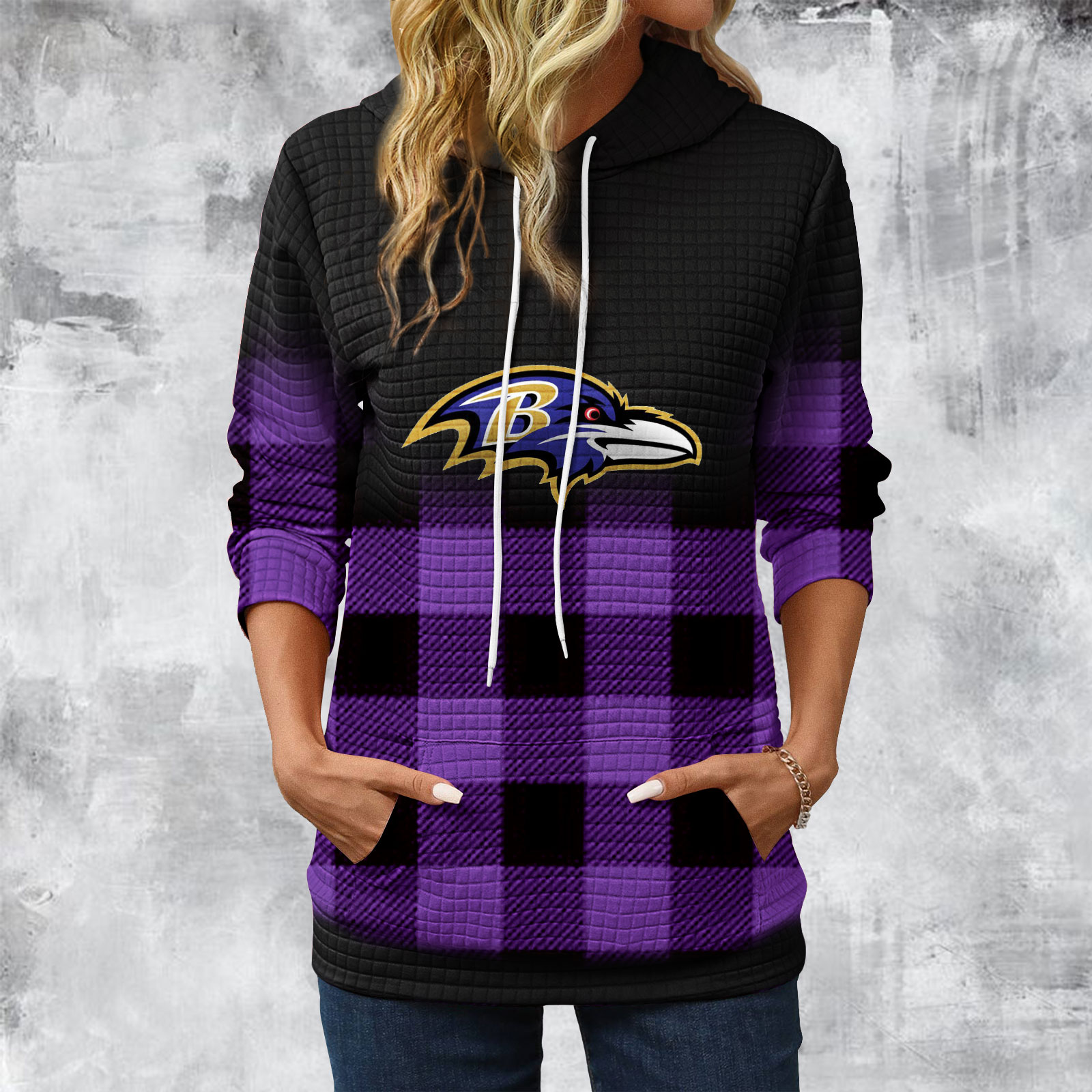 Gradient Patchwork Plaid Long Sleeve Hoodie-Baltimore Ravens - fitnfan