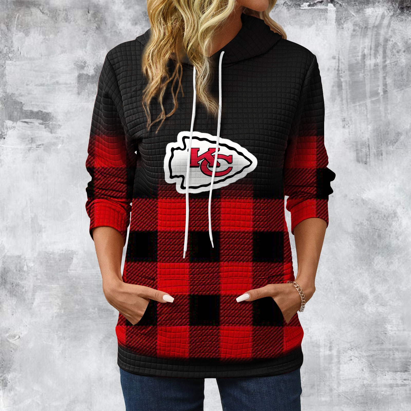 Gradient Patchwork Plaid Long Sleeve Hoodie - fitnfan