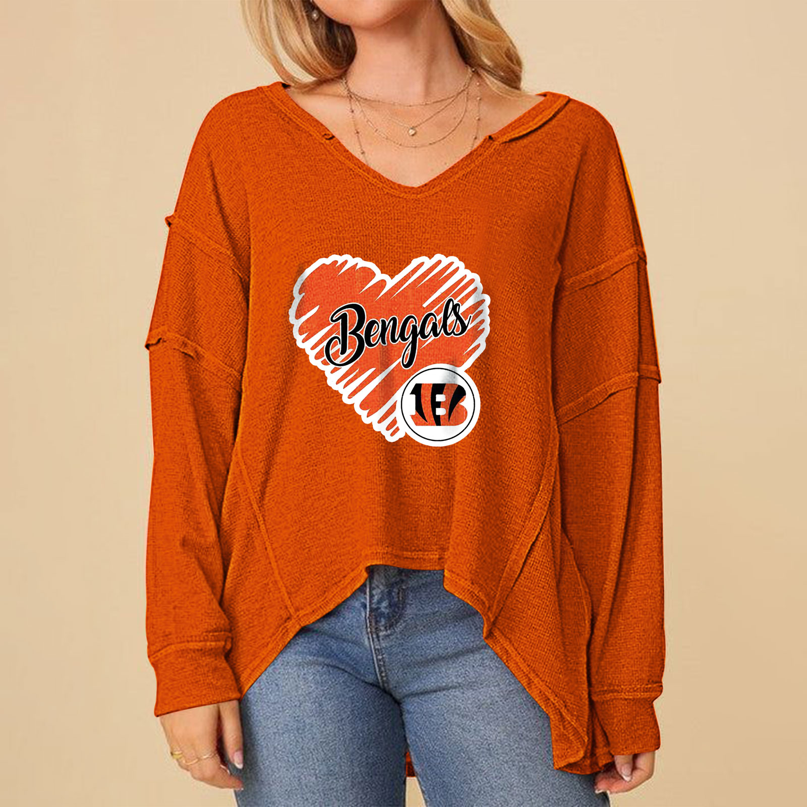 High Low V-Neck Oversized Top-Cincinnati Bengals - fitnfan