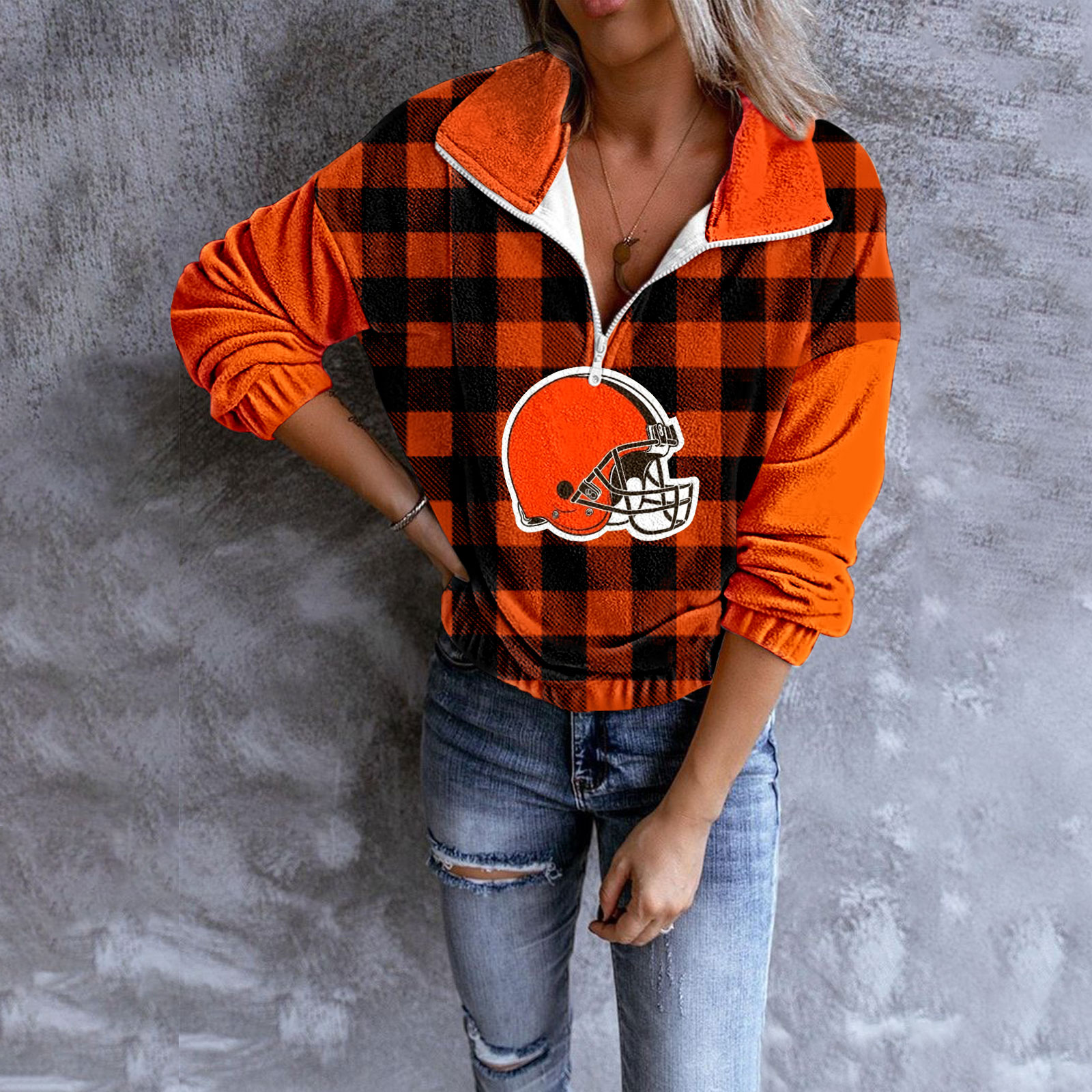 Unisex Plaid Quarter Zip Sweatshirt-Cleveland Browns - fitnfan