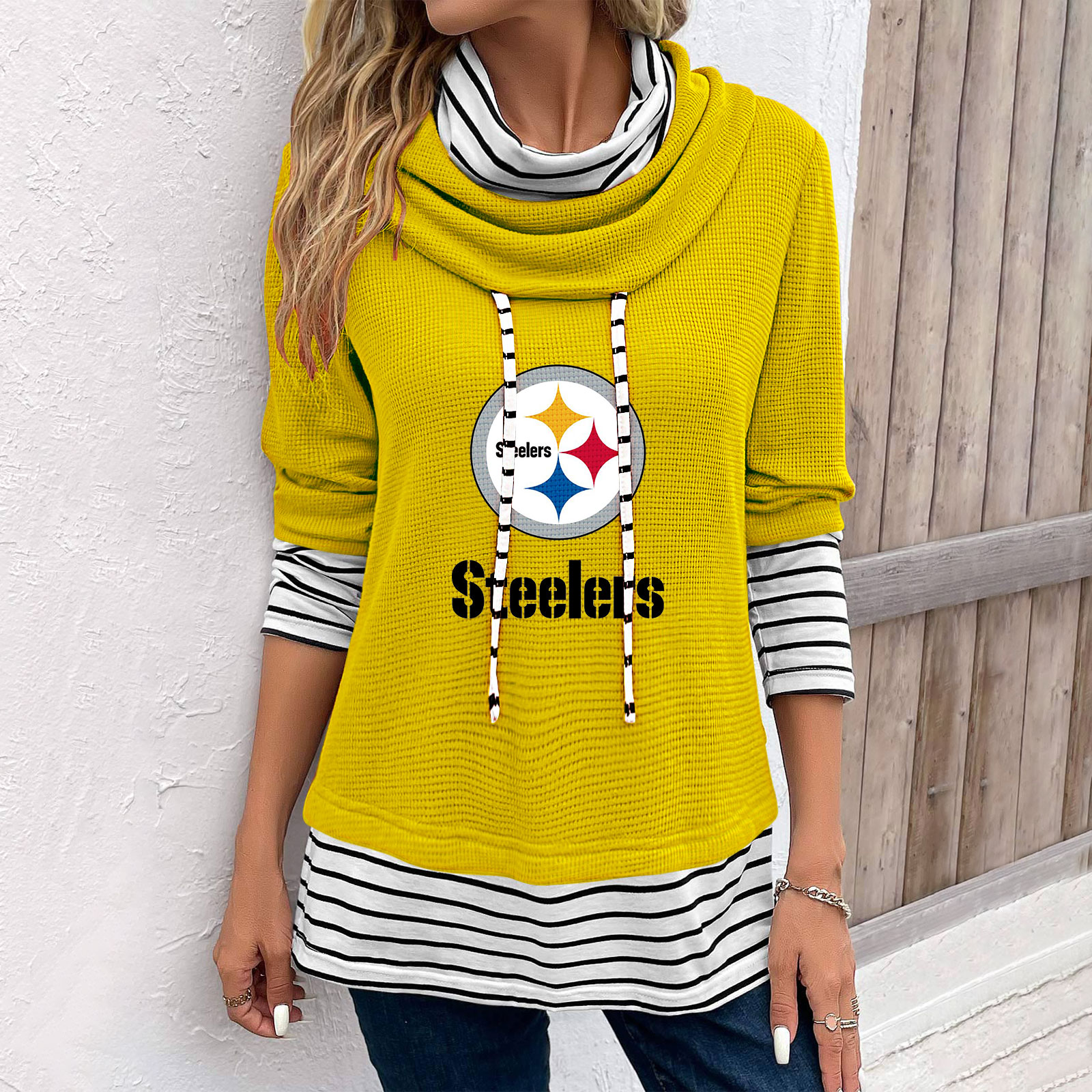 Patchwork Striped Cowl Neck Long Sleeve Sweatshirt-Pittsburgh Steelers - fitnfan