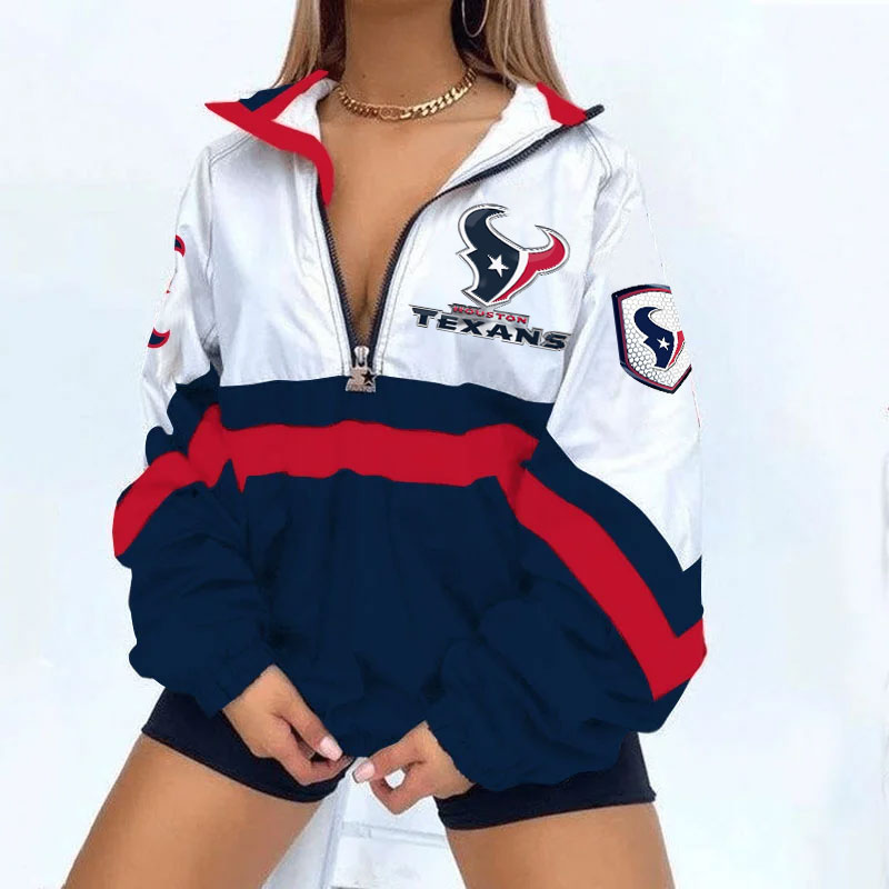 Women's Football Print V Neck Zipper Sweatshirt Jacket-Houston Texans - fitnfan