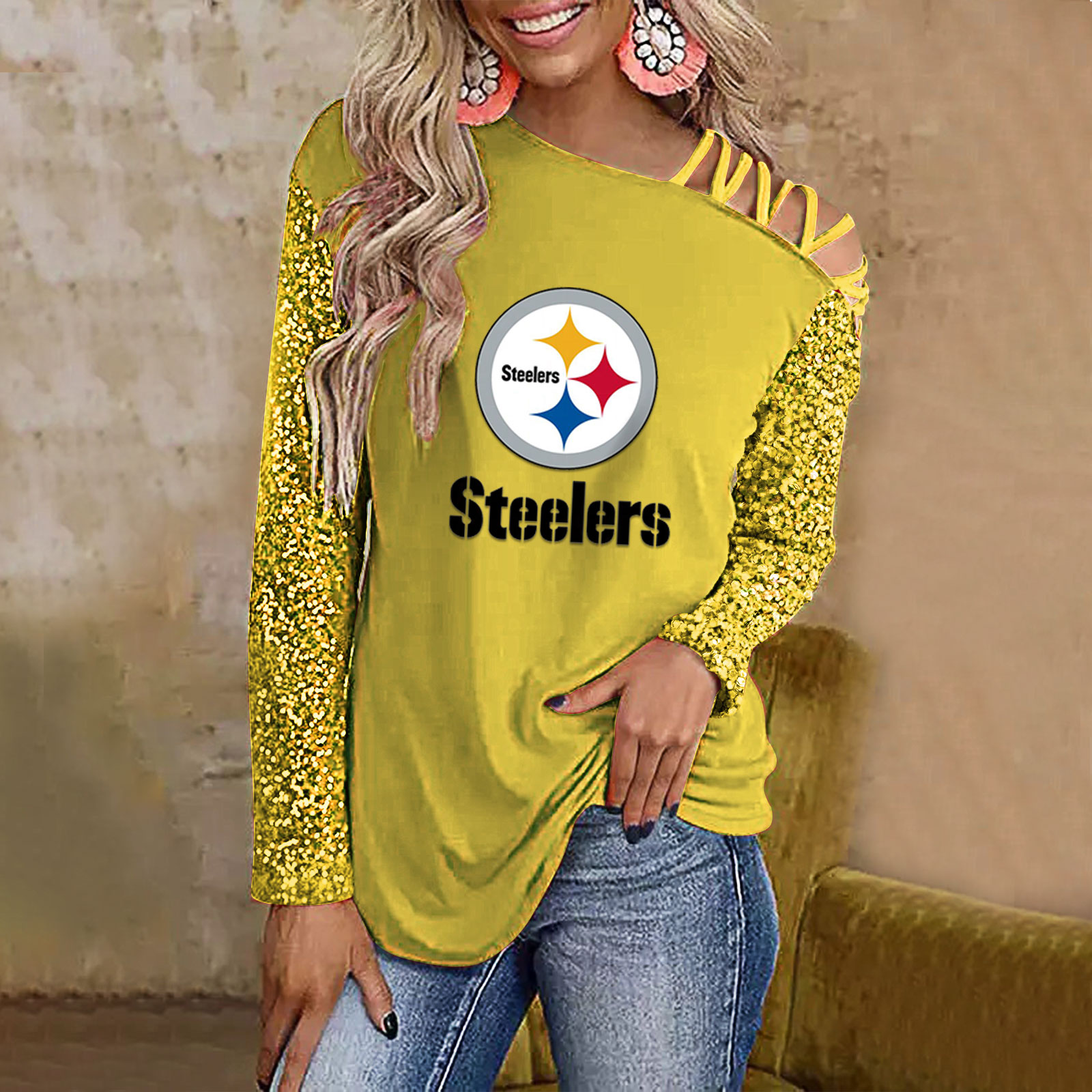 Color-Blocked Criss-Cross One Shoulder Blouse-Pittsburgh Steelers - fitnfan