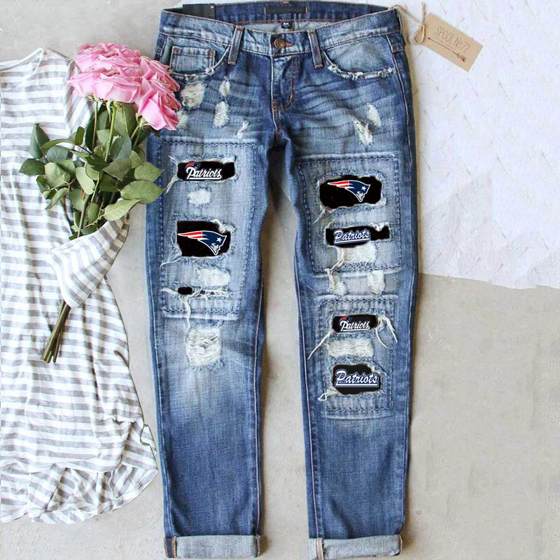 Casual fashion perforated printed jeans-New England Patriots - fitnfan