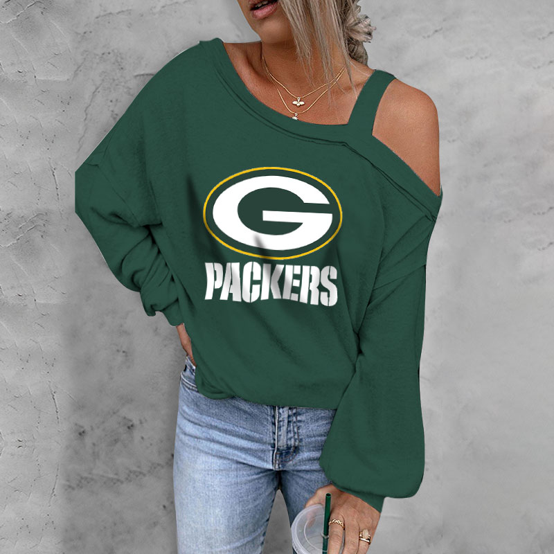ASYMMETRICAL NECK SHIFT Casual LONG SLEEVE TOP-Green Bay Packers - fitnfan
