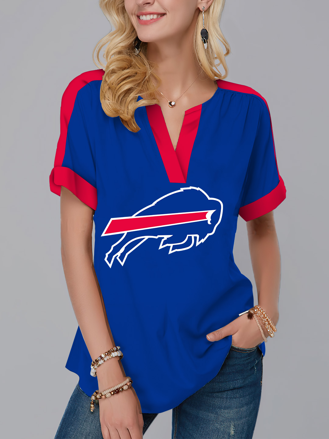 New  Fashion Short Sleeve V-Neck Shirt-Buffalo Bills - fitnfan