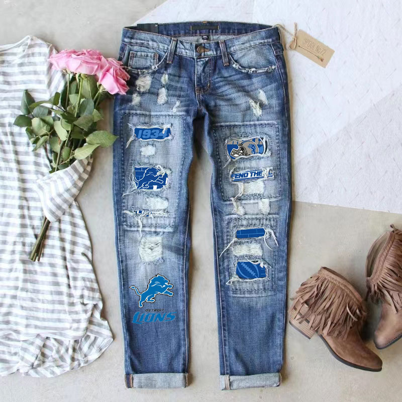 Casual fashion perforated printed jeans-Detroit Lions - fitnfan