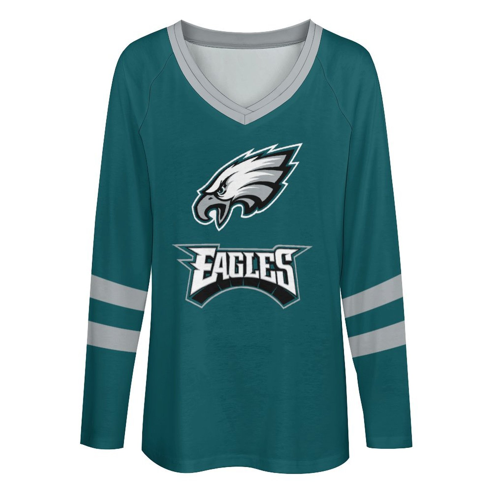 Philadelphia Eagles Women's V-neck Double-layered Long-sleeved Loose T-shirt-Philadelphia Eagles - fitnfan