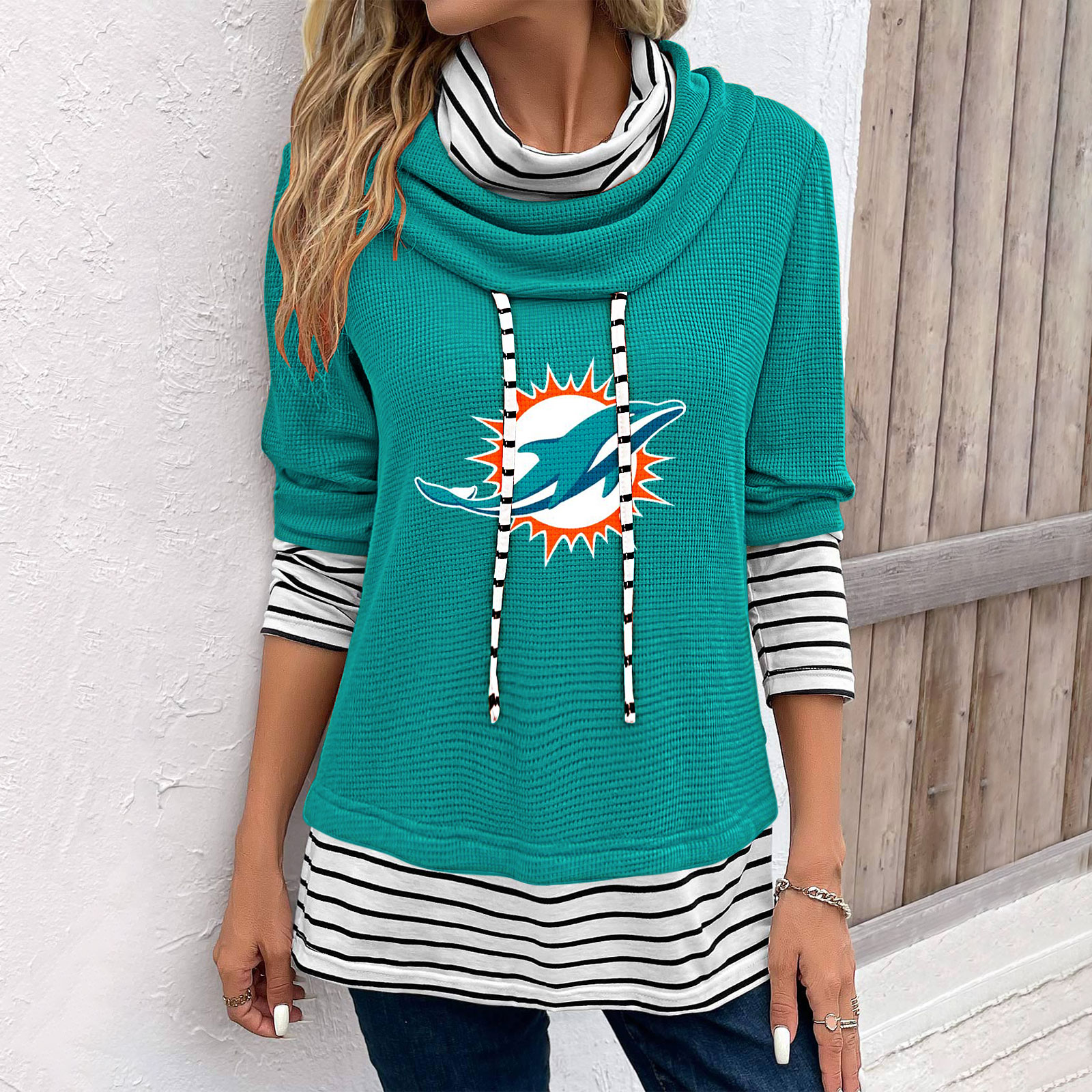 Patchwork Striped Cowl Neck Long Sleeve Sweatshirt-Miami Dolphins - fitnfan
