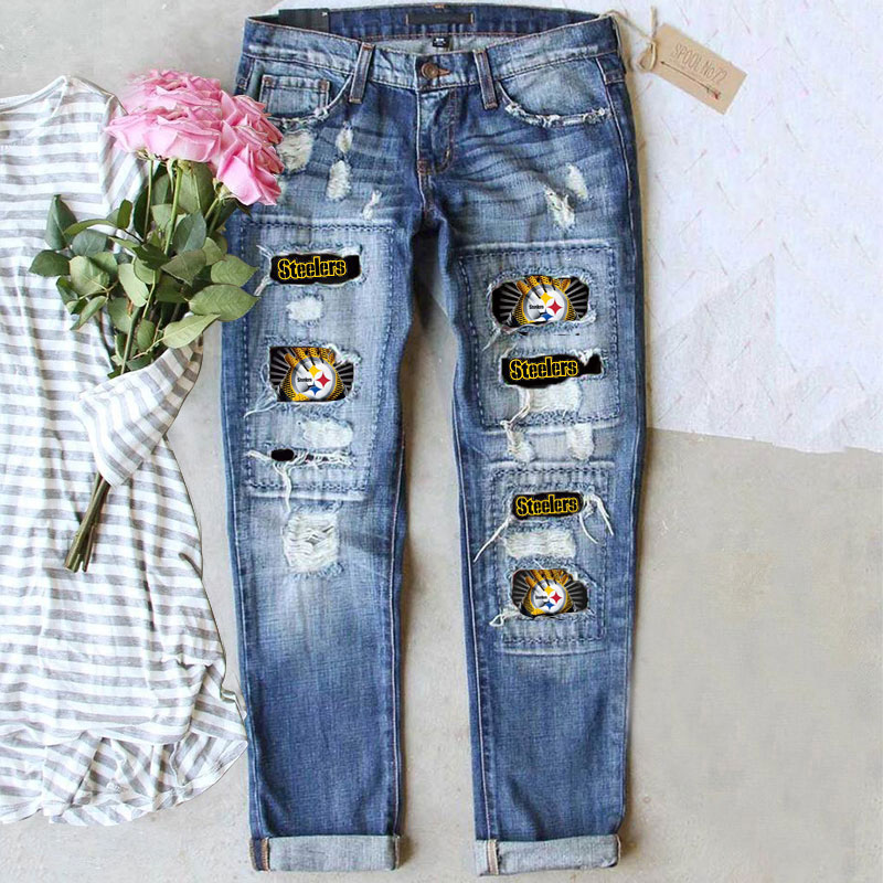 Casual fashion perforated printed jeans-Pittsburgh Steelers - fitnfan