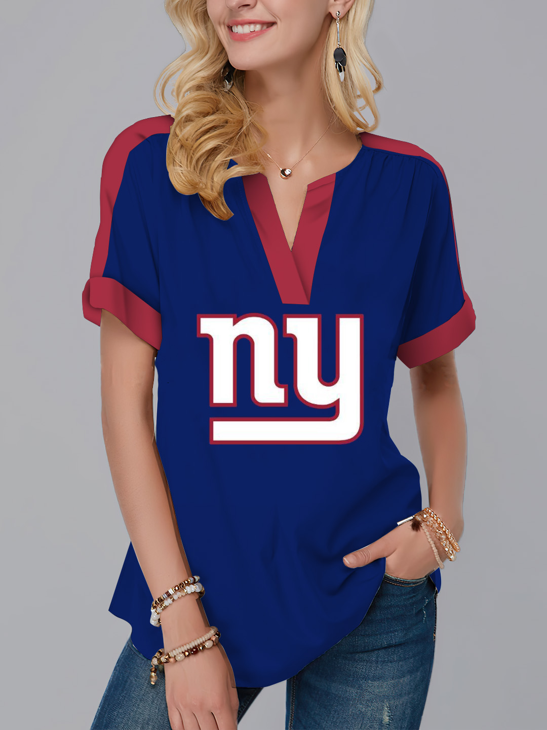 New York Giants  Fashion Short Sleeve V-Neck Shirt-New York Giants - fitnfan