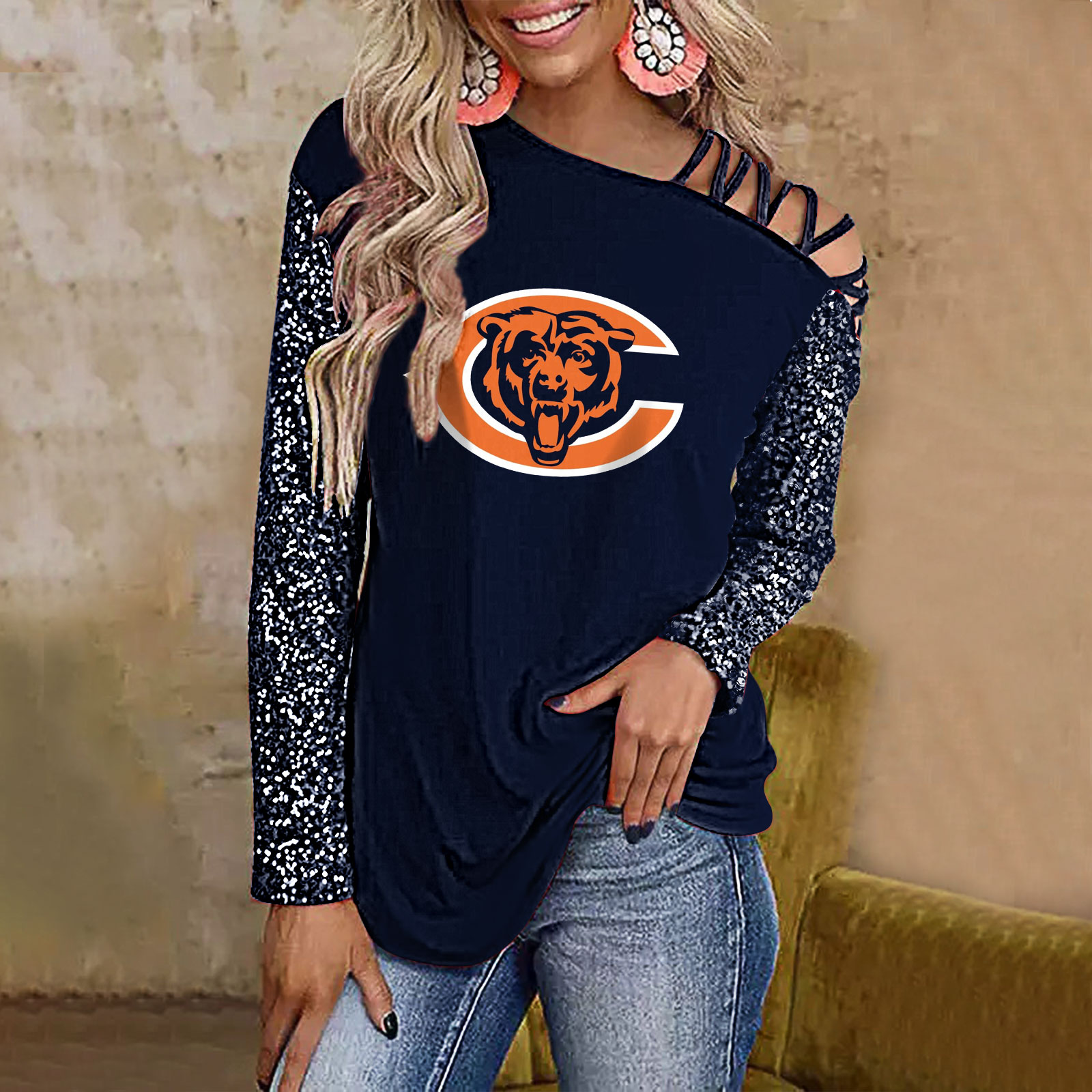 Color-Blocked Criss-Cross One Shoulder Blouse-Chicago Bears - fitnfan