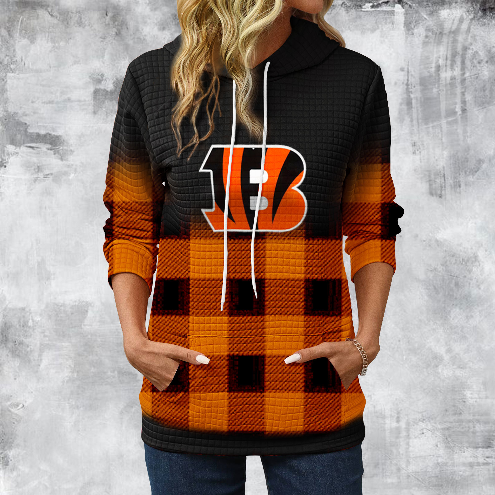 Gradient Patchwork Plaid Long Sleeve Hoodie-Cincinnati Bengals - fitnfan