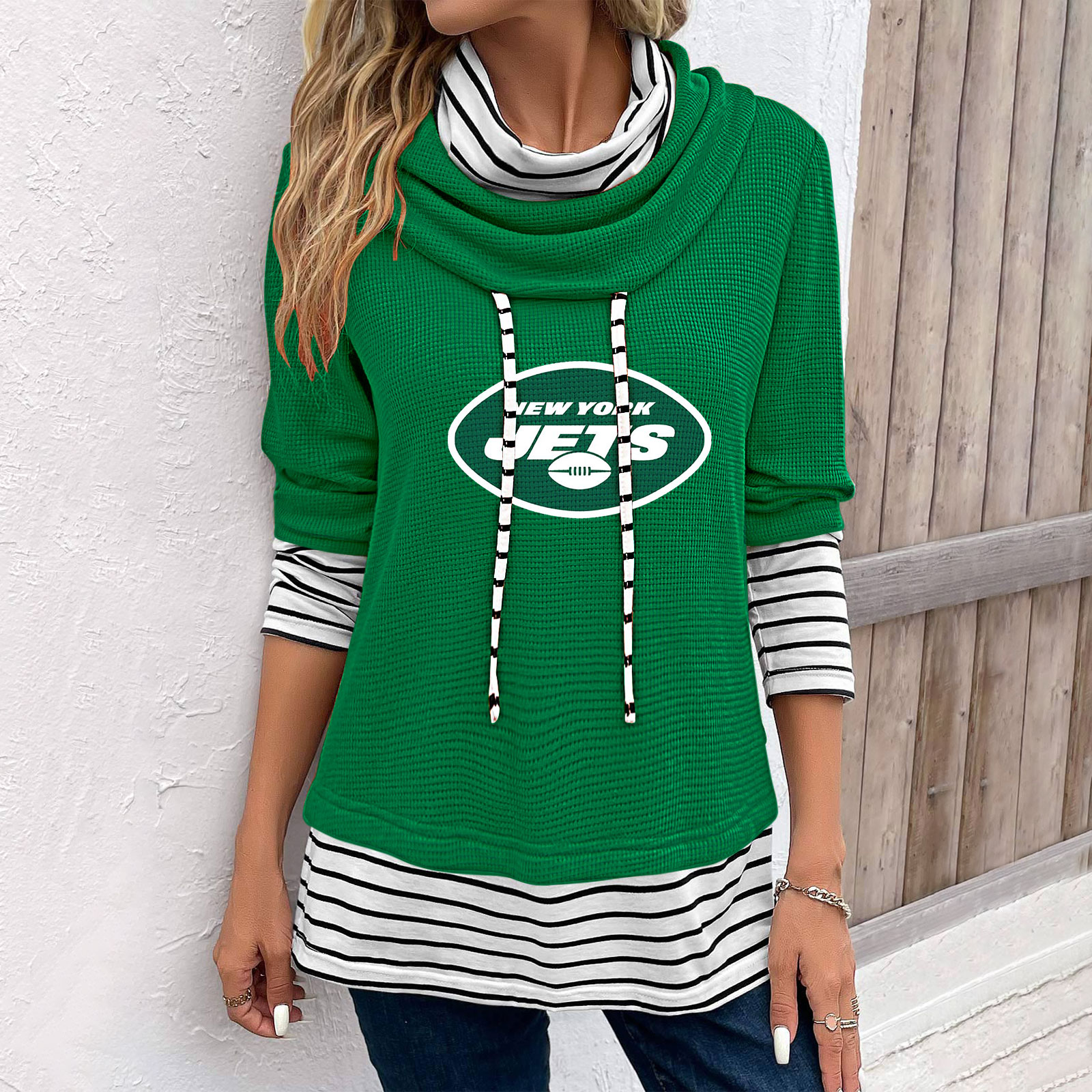 Patchwork Striped Cowl Neck Long Sleeve Sweatshirt-New York Jets - fitnfan