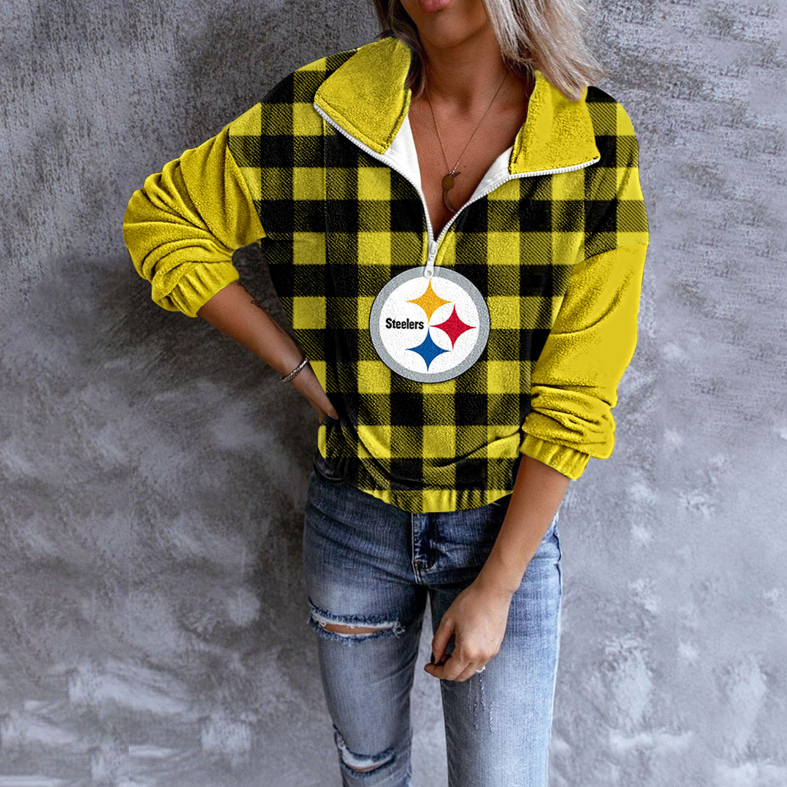 Unisex Plaid Quarter Zip Sweatshirt-Pittsburgh Steelers - fitnfan