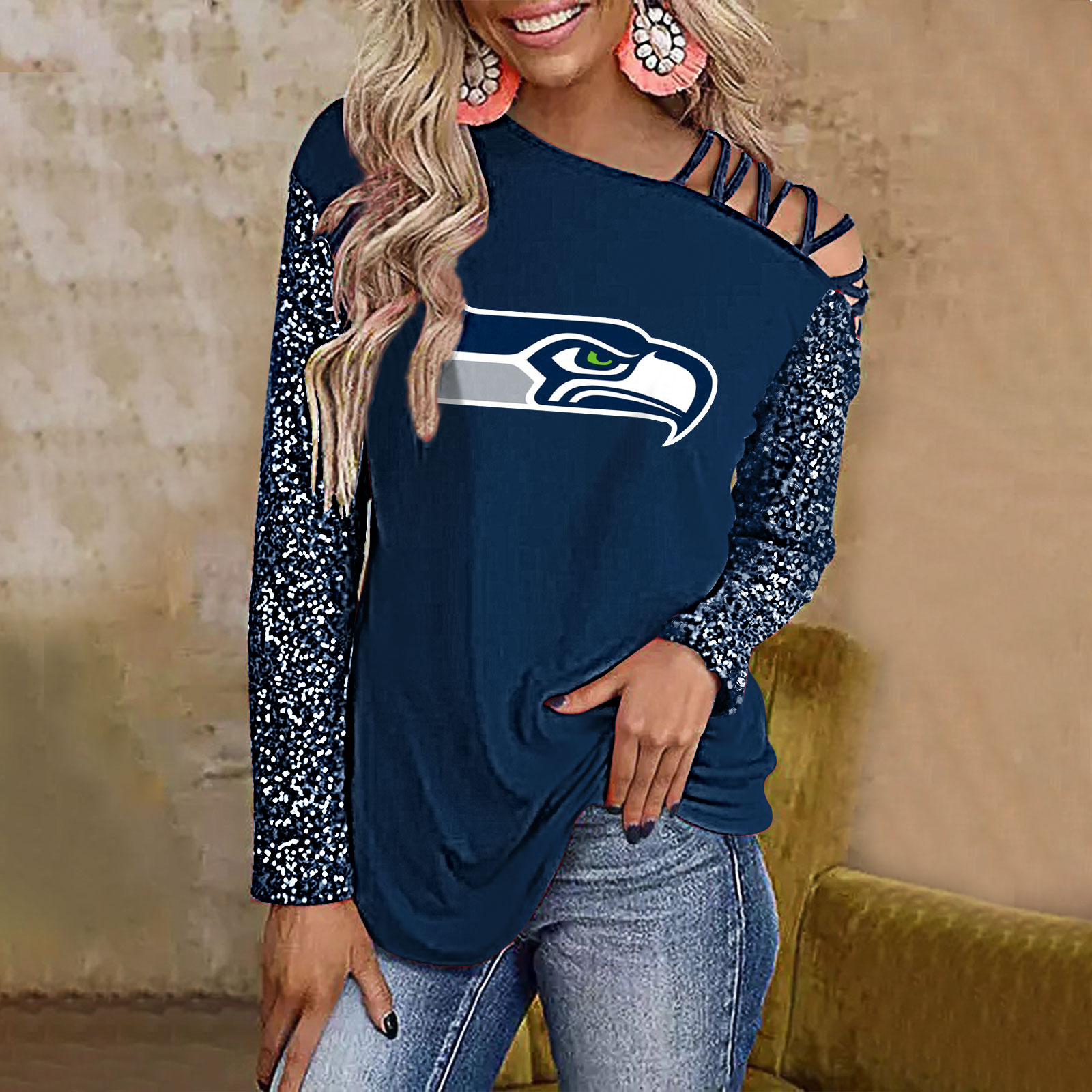 Color-Blocked Criss-Cross One Shoulder Blouse-Seattle Seahawks - fitnfan