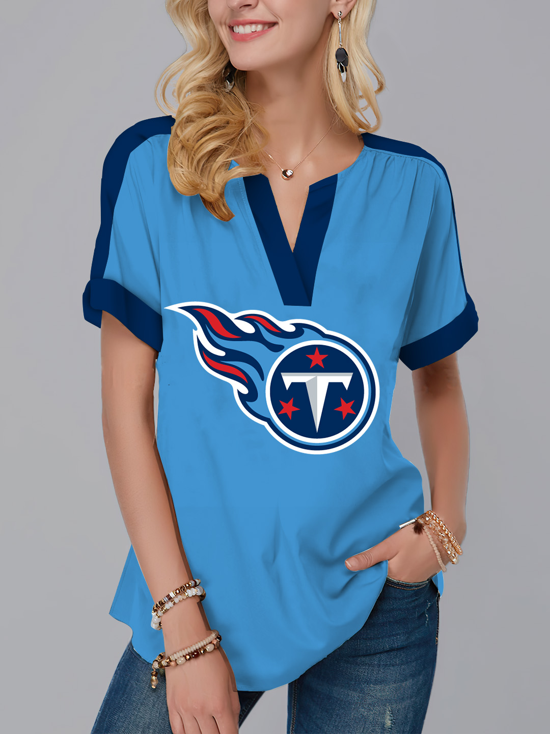 Tennessee Titans  Fashion Short Sleeve V-Neck Shirt-Tennessee Titans - fitnfan