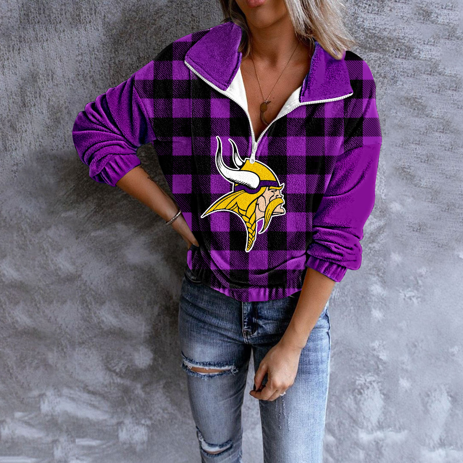 Unisex Plaid Quarter Zip Sweatshirt-Minnesota Vikings - fitnfan