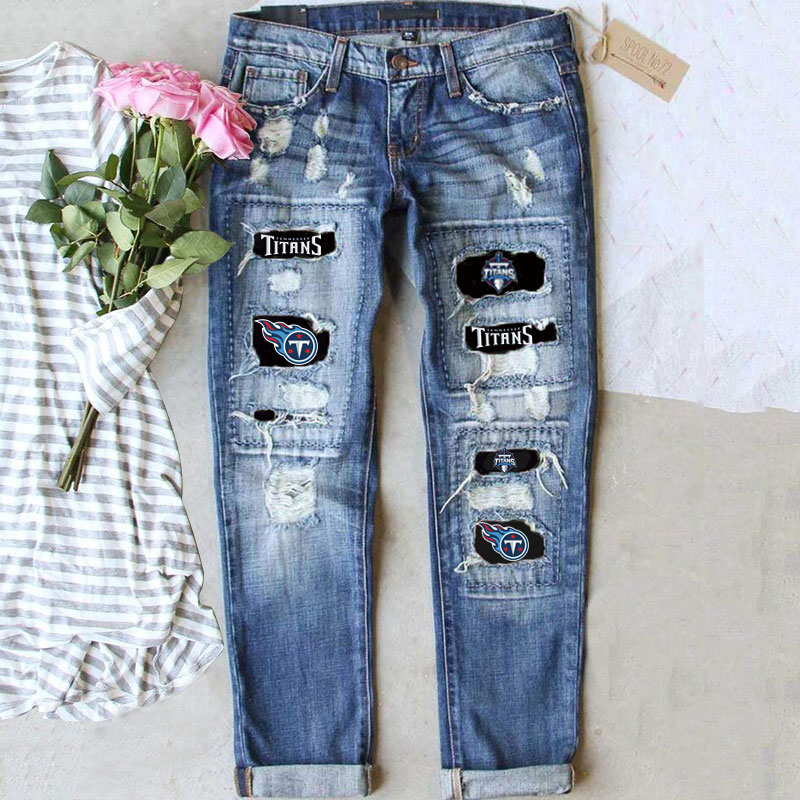 Casual fashion perforated printed jeans-Tennessee Titans - fitnfan
