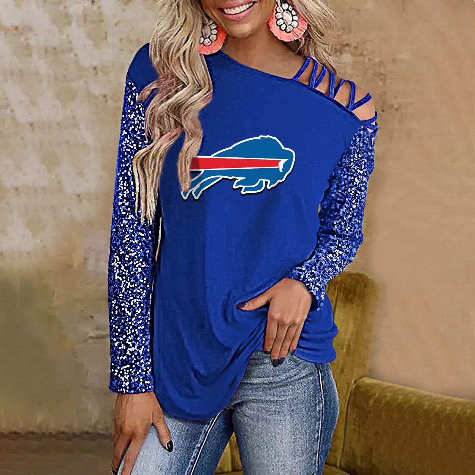 Color-Blocked Criss-Cross One Shoulder Blouse-Buffalo Bills - fitnfan