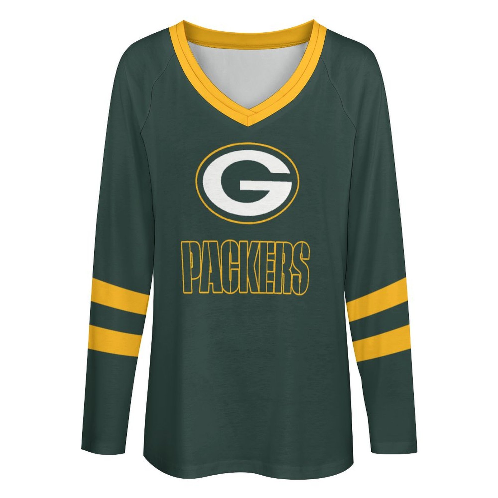 Green Bay Packers Women's V-neck Double-layered Long-sleeved Loose T-shirt-Green Bay Packers - fitnfan