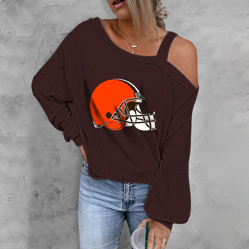 ASYMMETRICAL NECK SHIFT Casual LONG SLEEVE TOP-Cleveland Browns - fitnfan