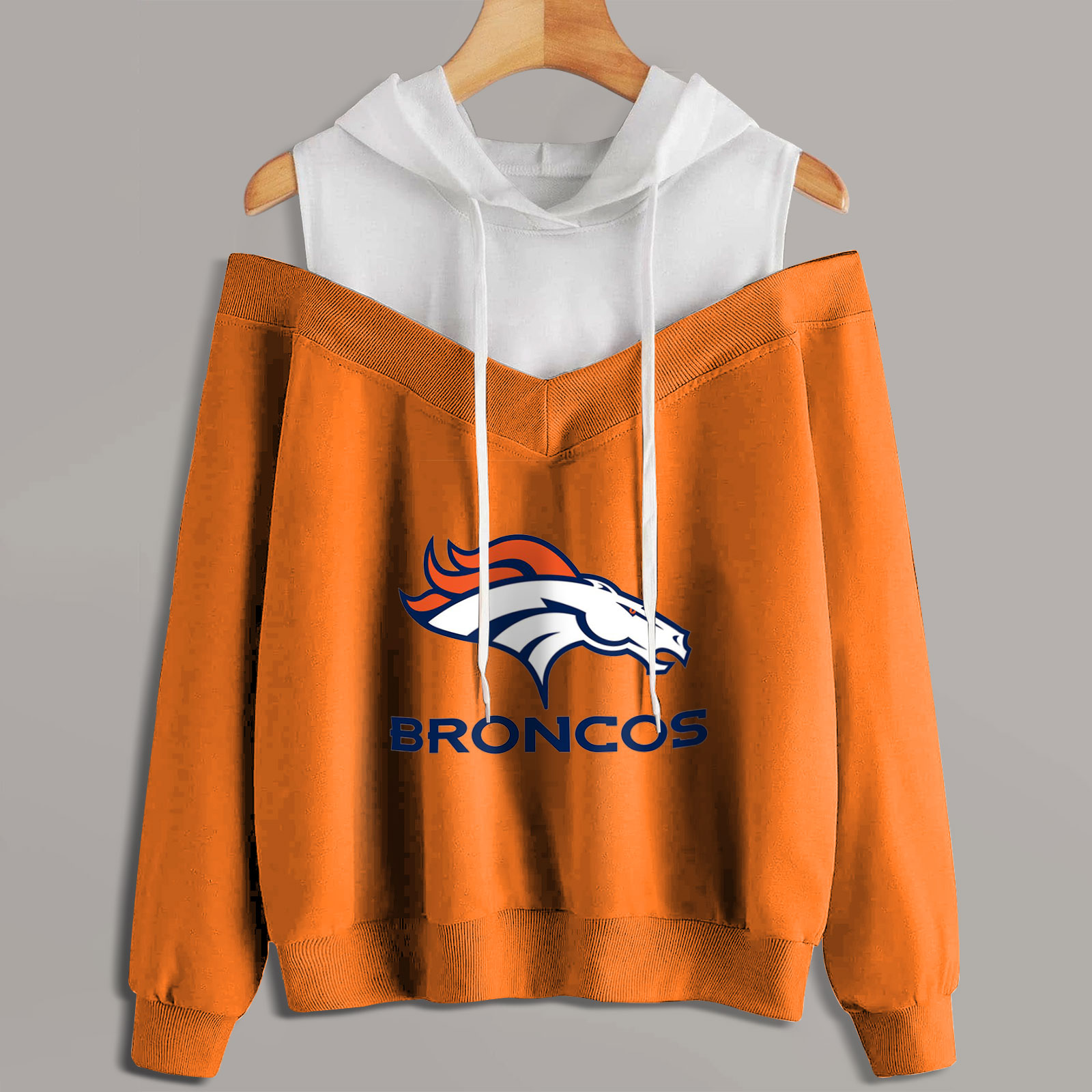 2 In 1 Colorblock Cold Shoulder Hoodie-Denver Broncos - fitnfan