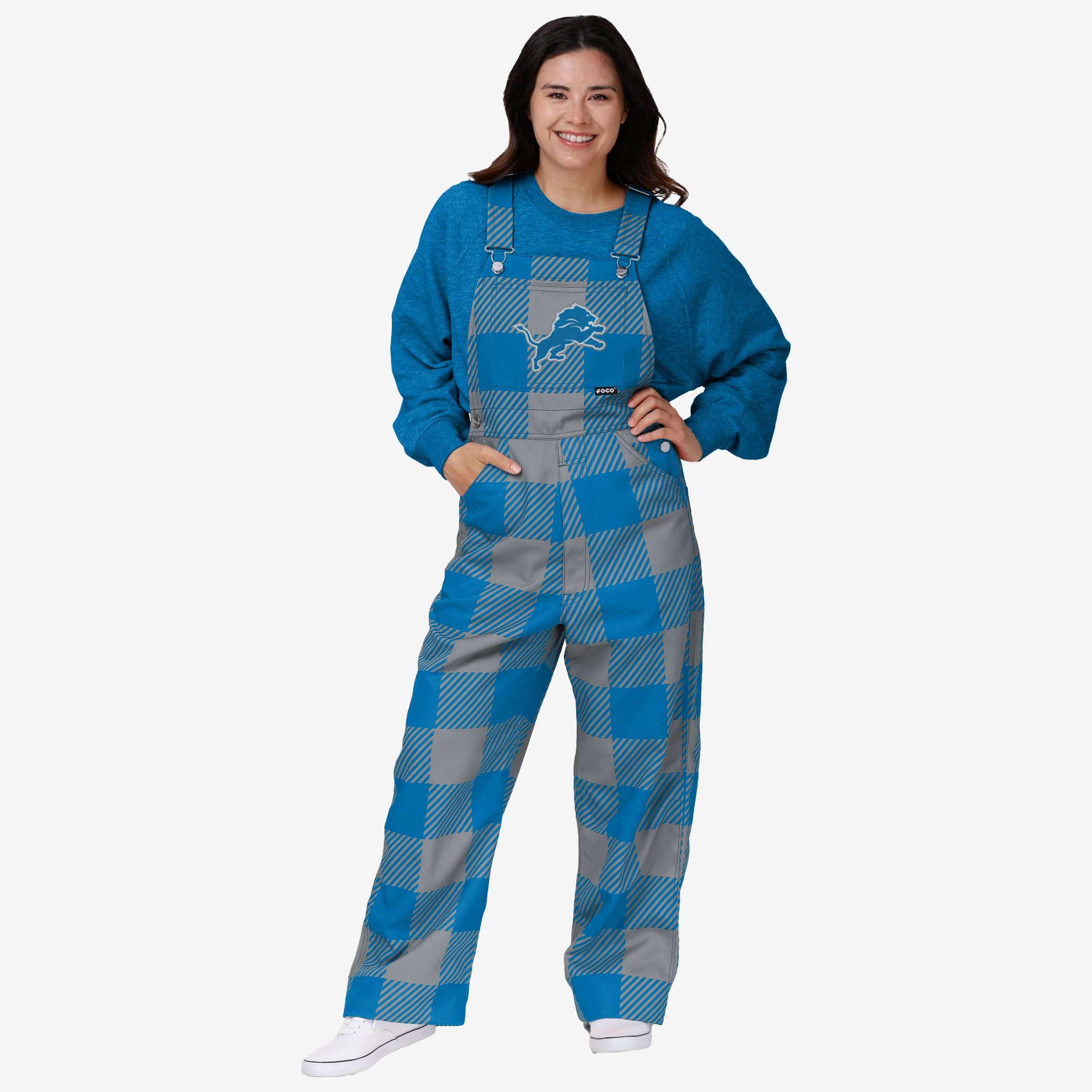 New Womens Plaid Bib Overalls-Detroit Lions - fitnfan