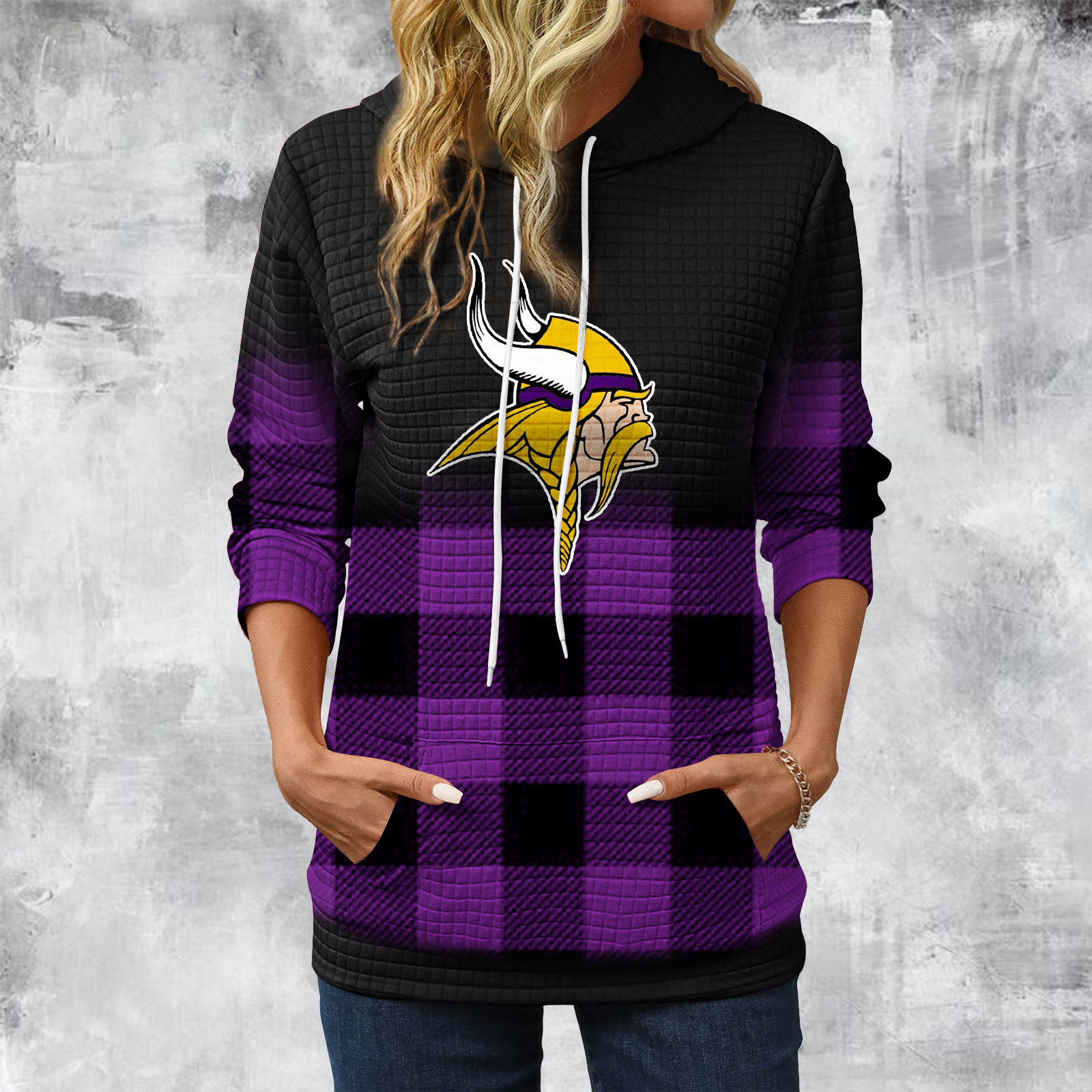 Gradient Patchwork Plaid Long Sleeve Hoodie-Minnesota Vikings - fitnfan