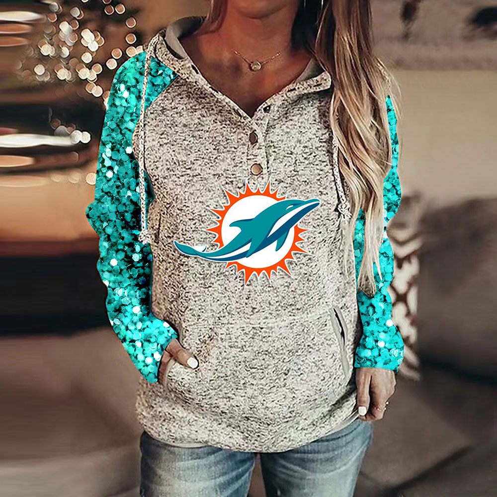 Casual Sequined Sleeves Loose Stitched Print Hoodie-Miami Dolphins - fitnfan