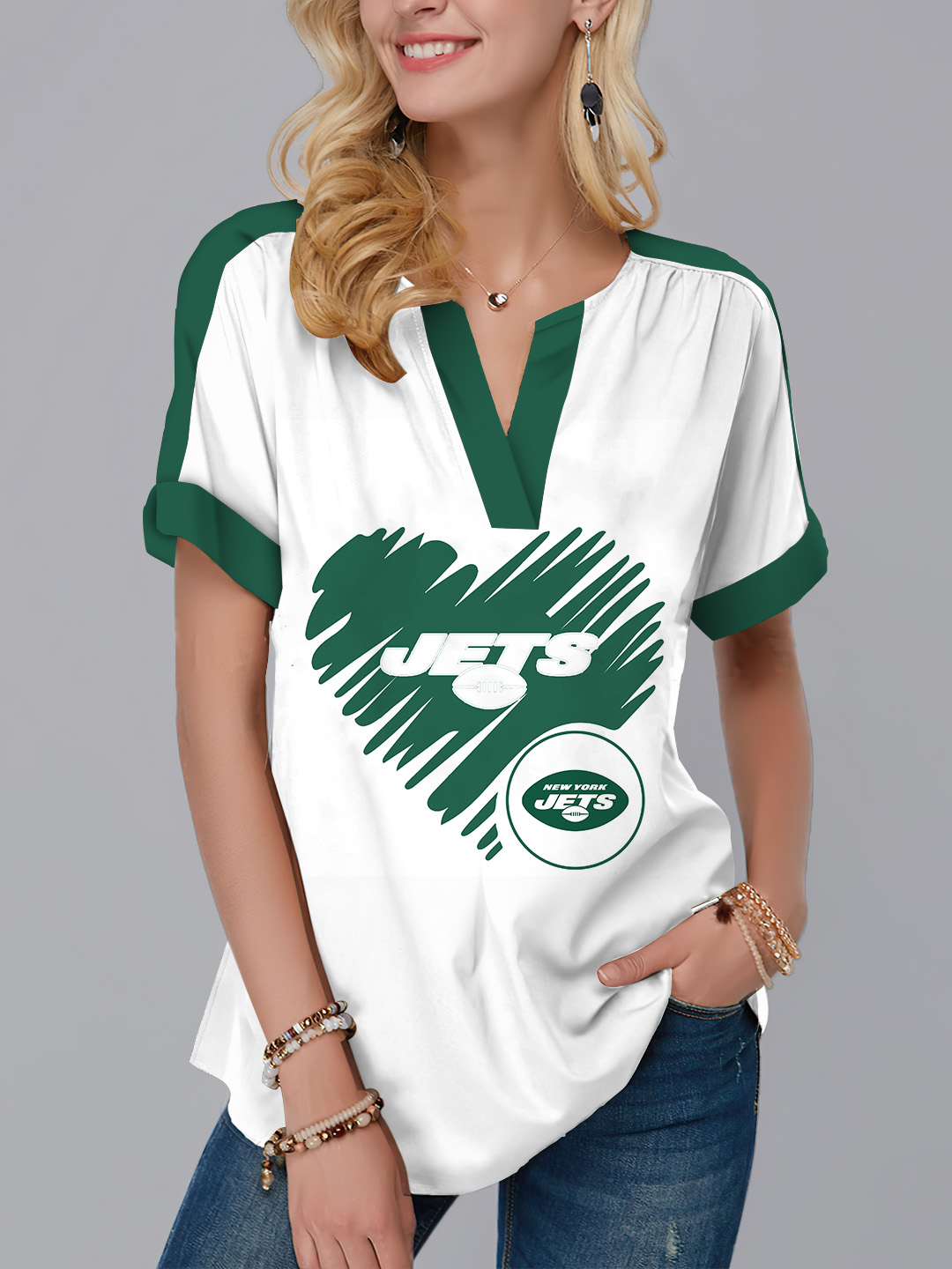 New  Fashion Short Sleeve V-Neck Shirt-New York Jets - fitnfan