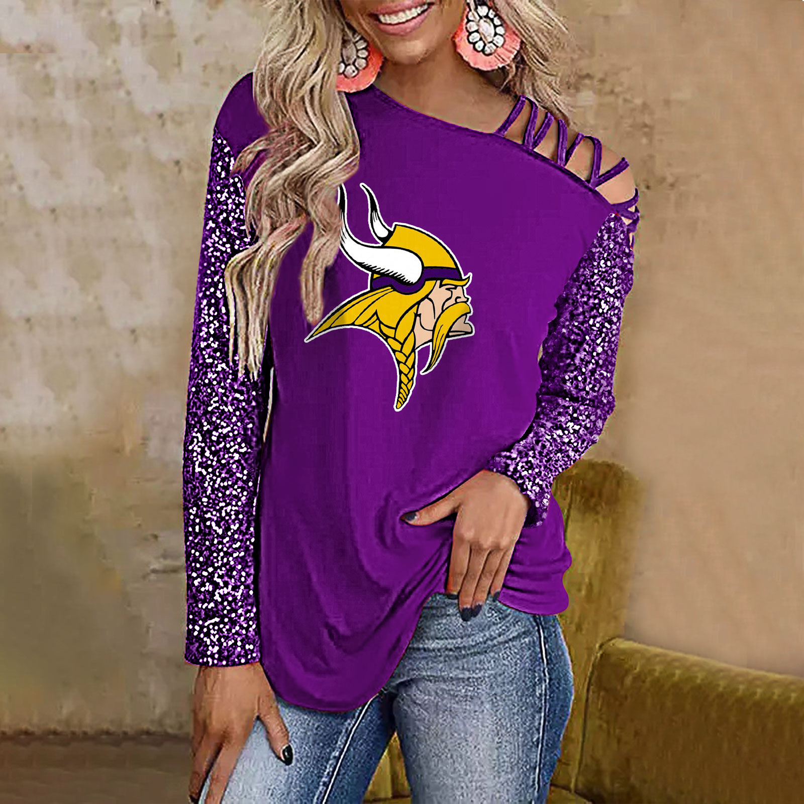 Color-Blocked Criss-Cross One Shoulder Blouse-Minnesota Vikings - fitnfan
