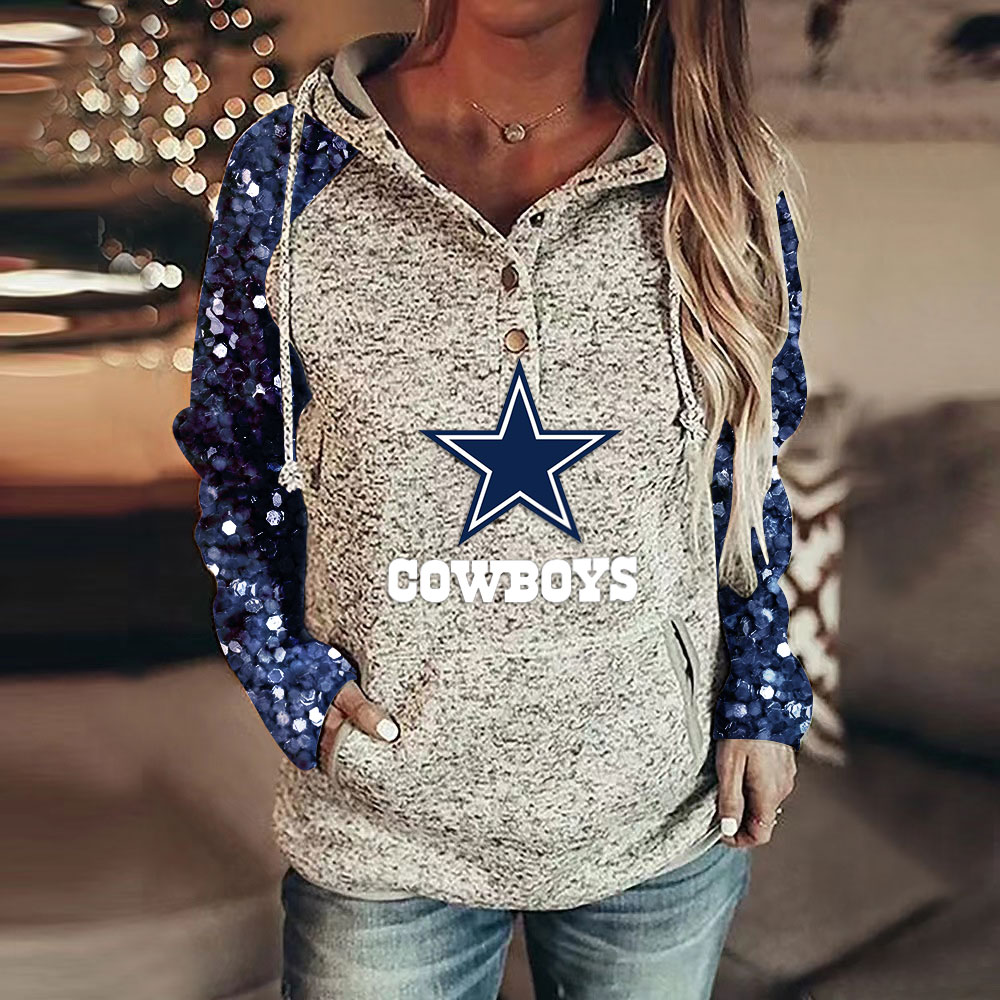 Casual Sequined Sleeves Loose Stitched Print Hoodie-Dallas Cowboys - fitnfan