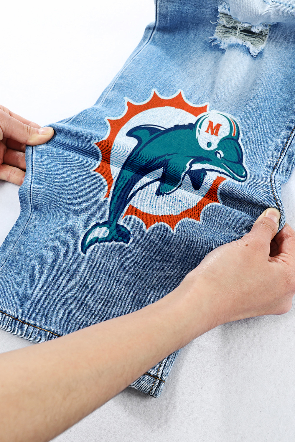 Casual fashion perforated printed jeans-Miami Dolphins - fitnfan
