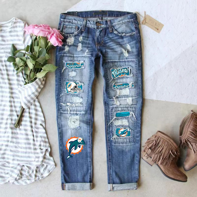 Casual fashion perforated printed jeans-Miami Dolphins - fitnfan