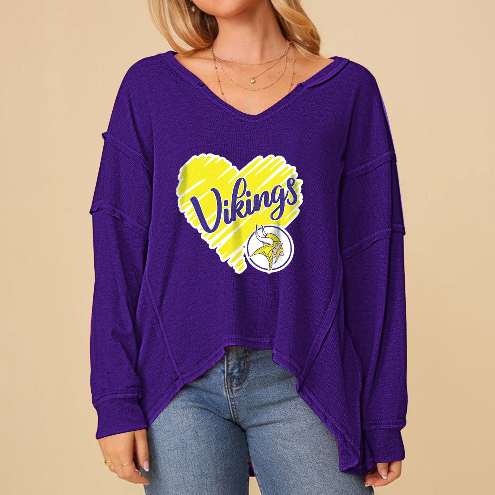 High Low V-Neck Oversized Top-Minnesota Vikings - fitnfan