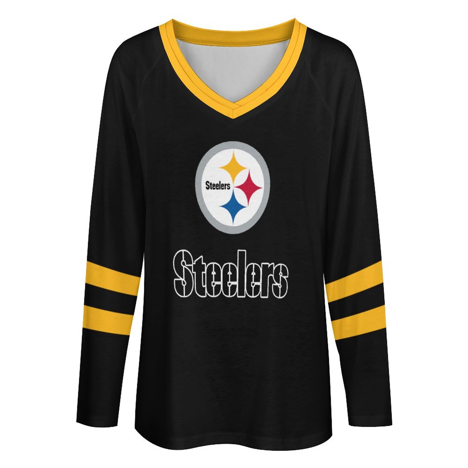 Pittsburgh Steelers Women's V-neck Double-layered Long-sleeved Loose T-shirt-Pittsburgh Steelers - fitnfan