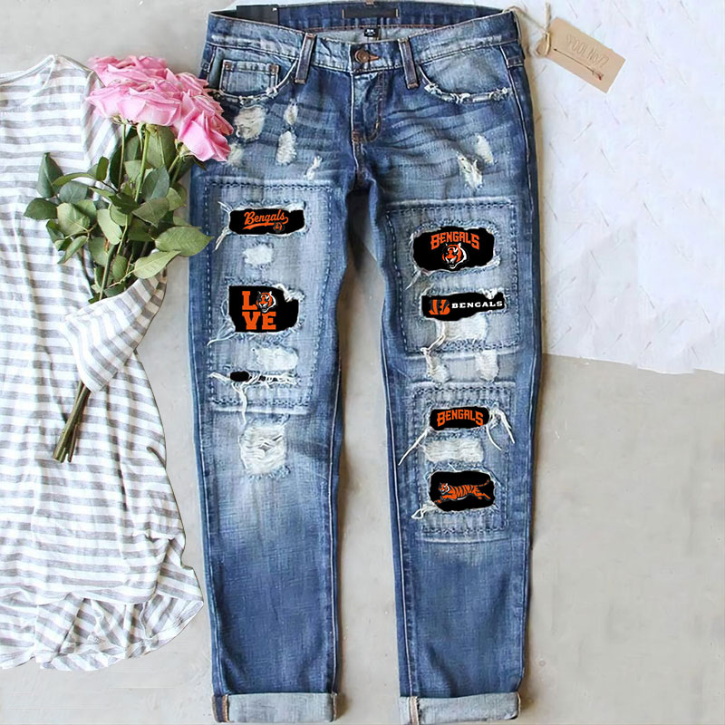 Casual fashion perforated printed jeans-Cincinnati Bengals - fitnfan