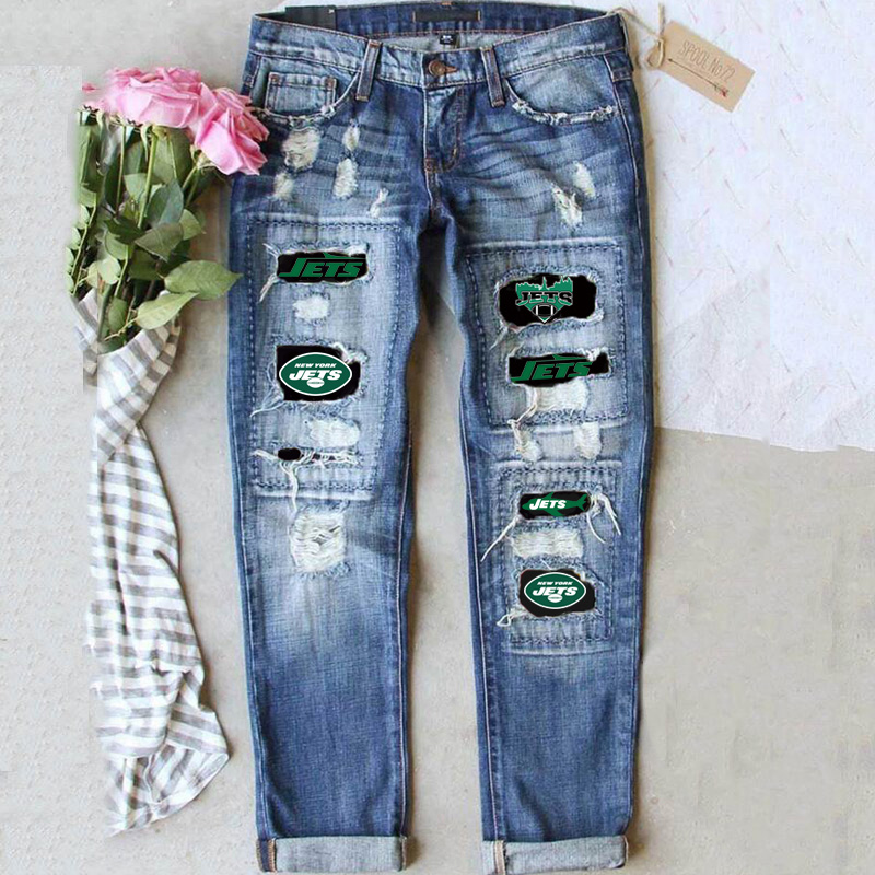Casual fashion perforated printed jeans-New York Jets - fitnfan