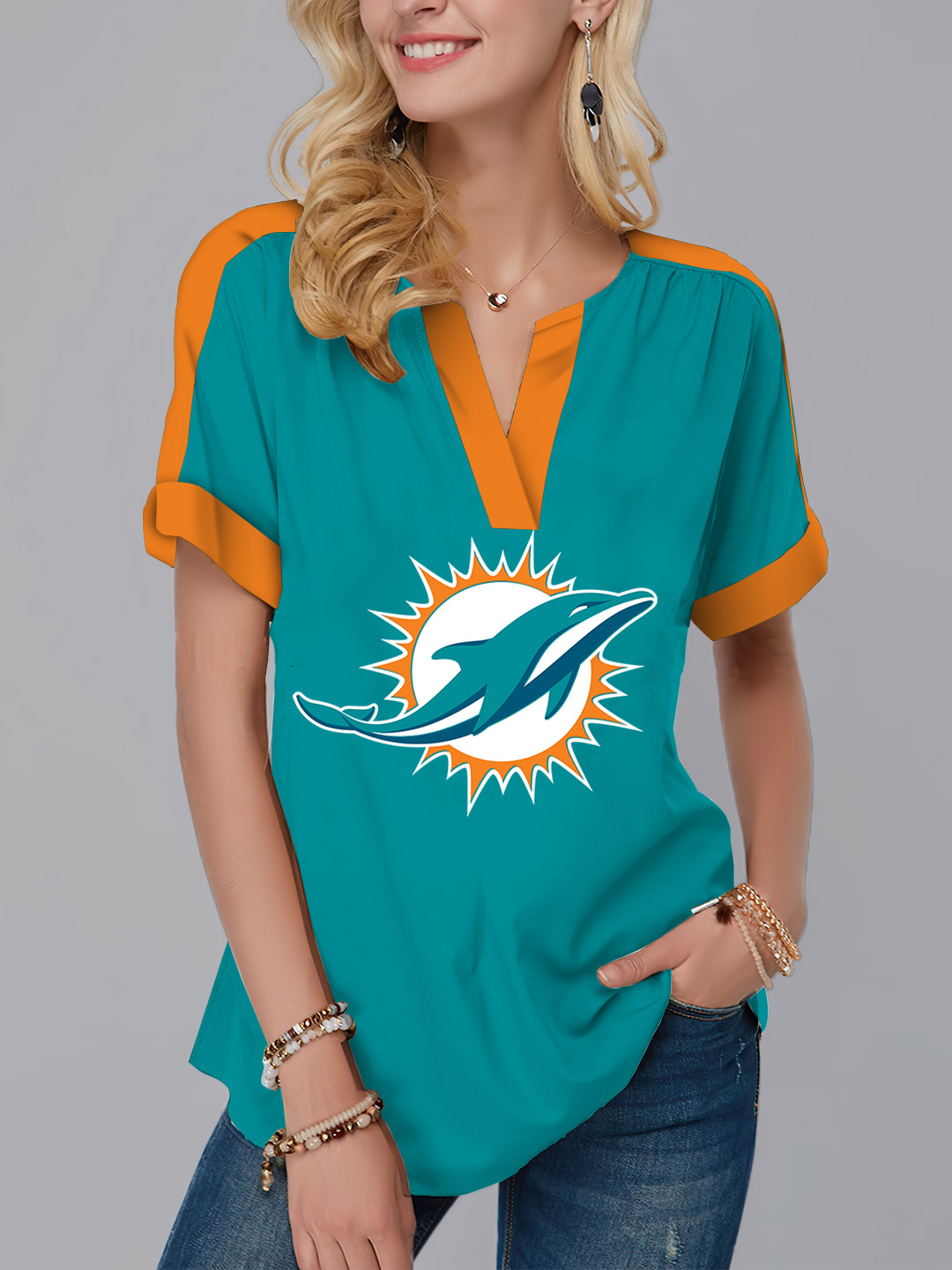 Miami Dolphins  Fashion Short Sleeve V-Neck Shirt-Miami Dolphins - fitnfan
