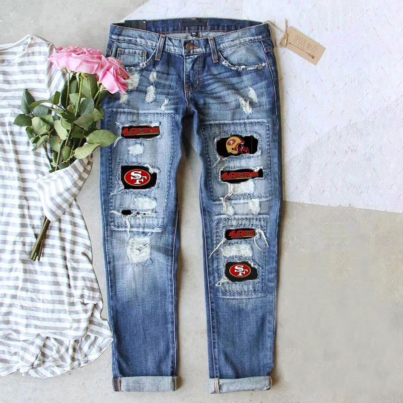 Casual fashion perforated printed jeans-San Francisco 49ers - fitnfan