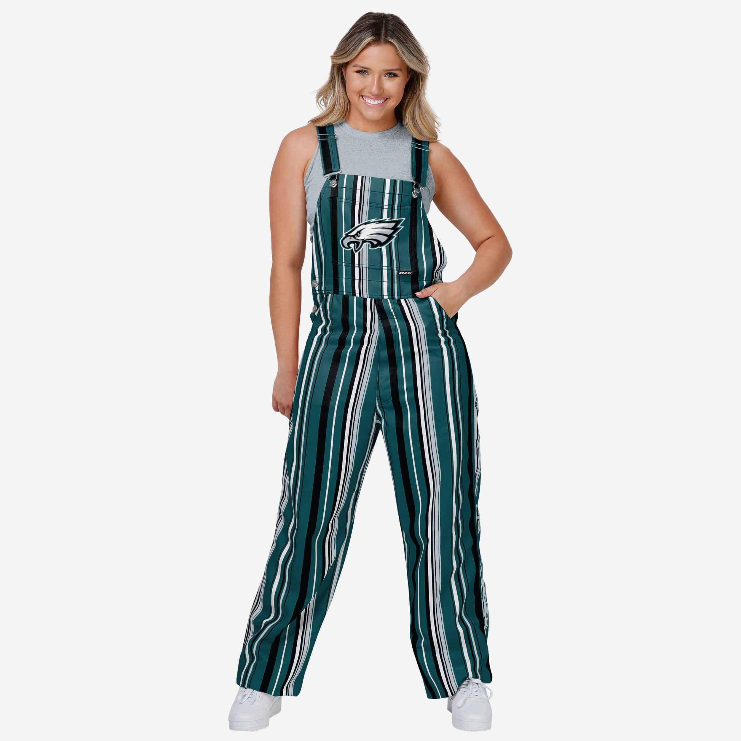 New Womens Hyper Stripe Bib Overalls-Philadelphia Eagles - fitnfan