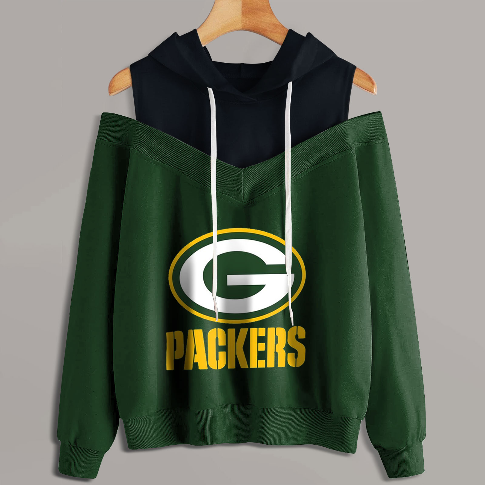 2 In 1 Colorblock Cold Shoulder Hoodie-Green Bay Packers - fitnfan