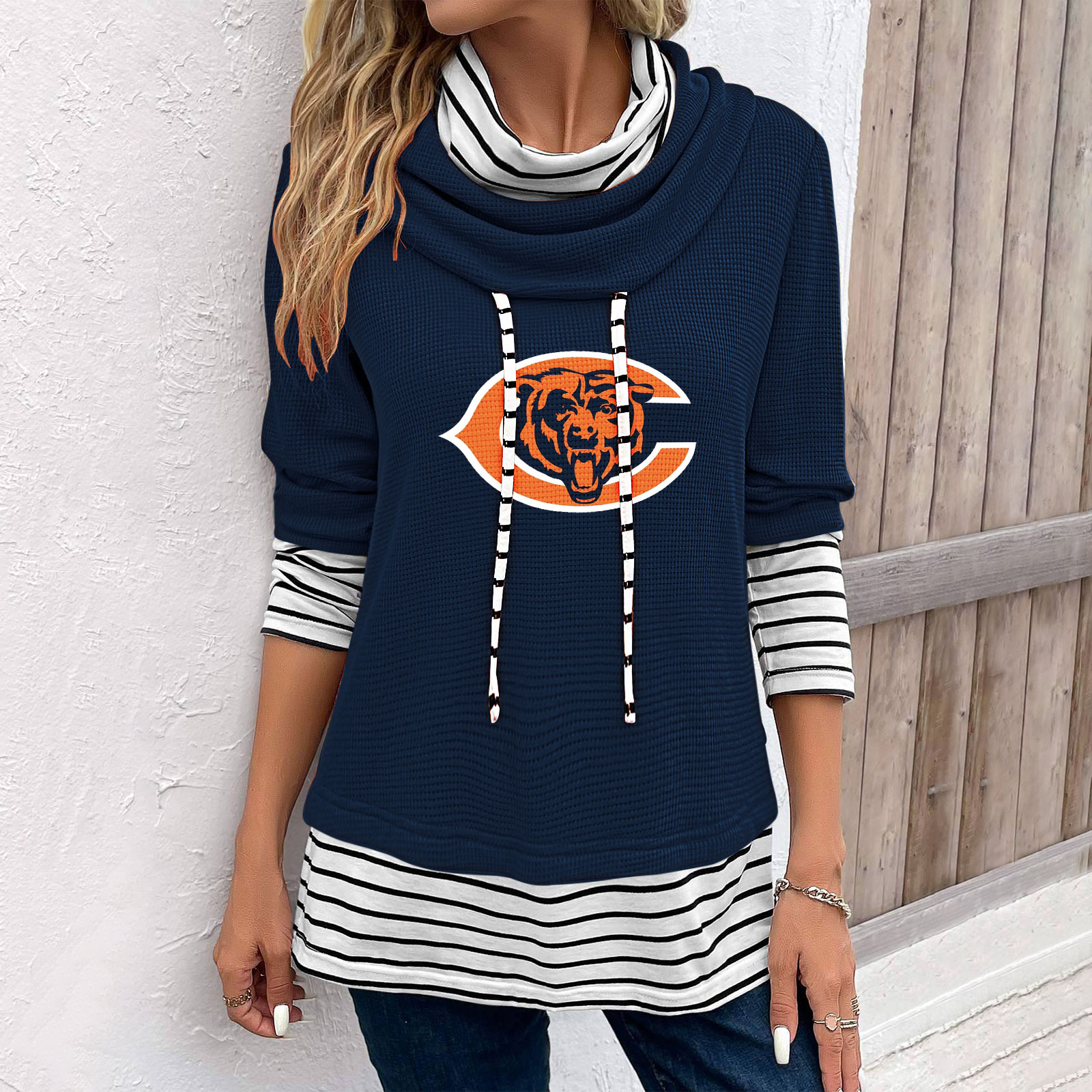 Patchwork Striped Cowl Neck Long Sleeve Sweatshirt-Chicago Bears - fitnfan