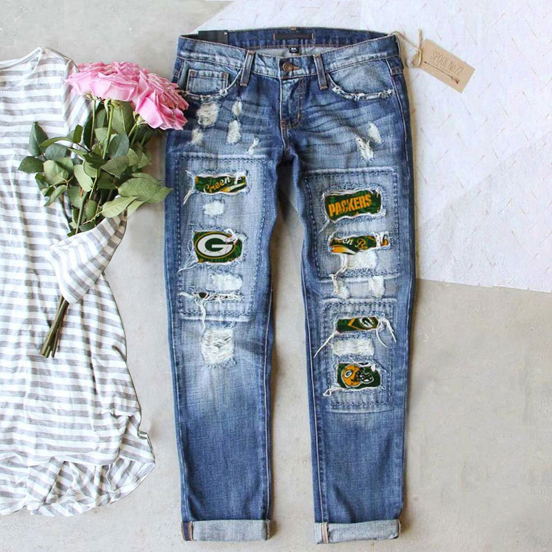 Casual fashion perforated printed jeans-Green Bay Packers - fitnfan